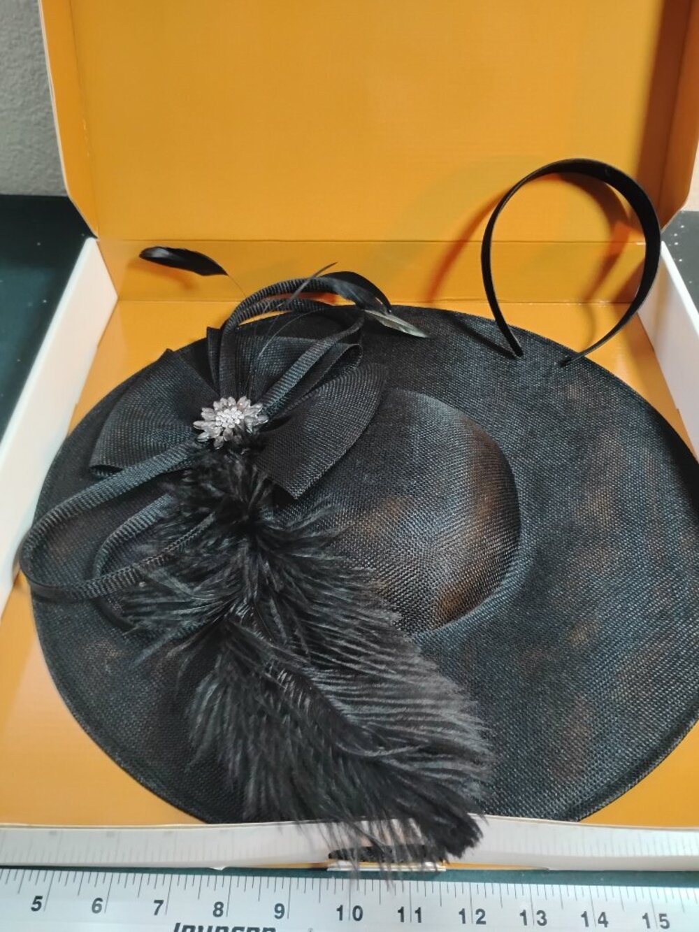Black Kentucky Derby Fascinator Hat Wide Brim Feather Rhinestone Wedding